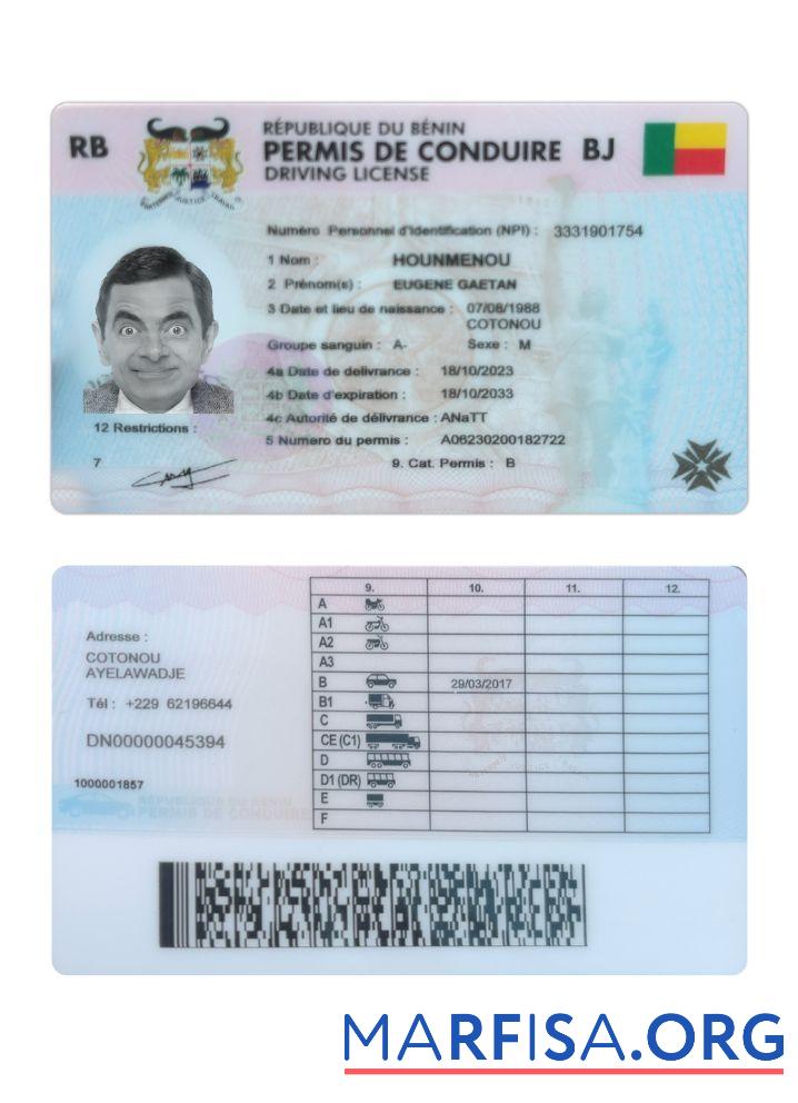 Printable Benin driving license example